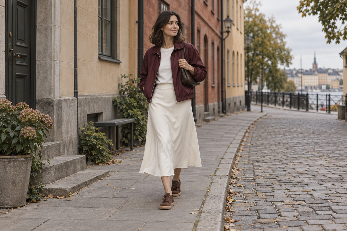 AI-genererad illustration av en kvinna i vinröd sportig jacka, benvit midikjol, bruna sneakers och brun axelväska.