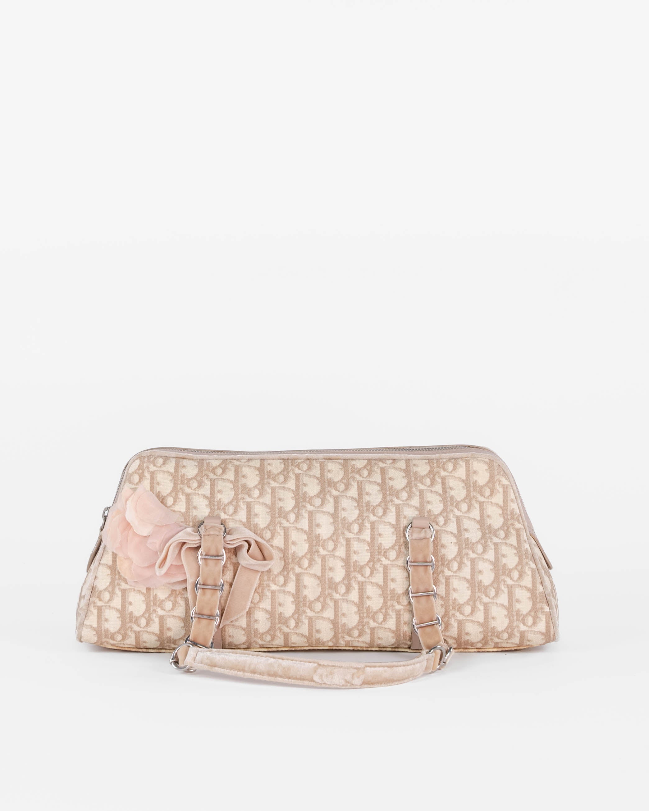 Trotter Canvas Chain Hand Bag PVC Beige Silver
