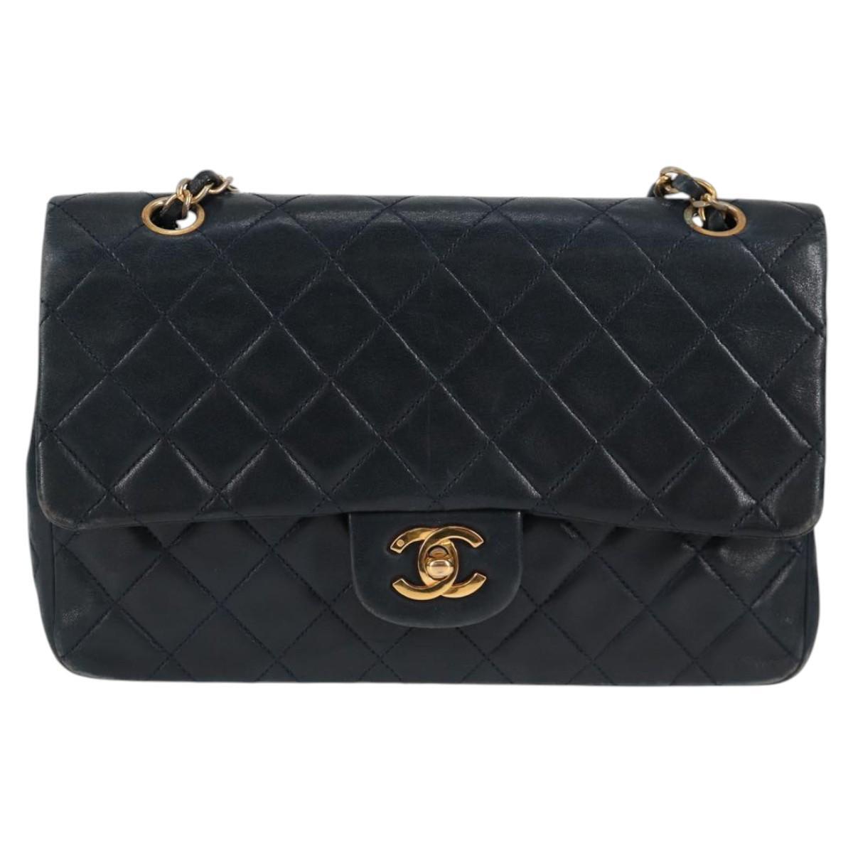 Matelasse 25 Double Flap Chain Bag Lamb Skin Navy Gold CC
