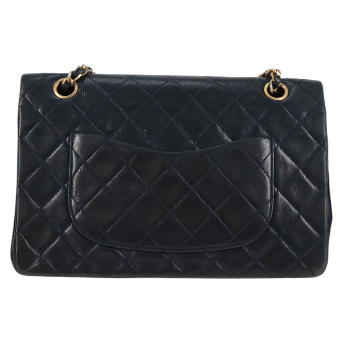 Matelasse 25 Double Flap Chain Bag Lamb Skin Navy Gold CC