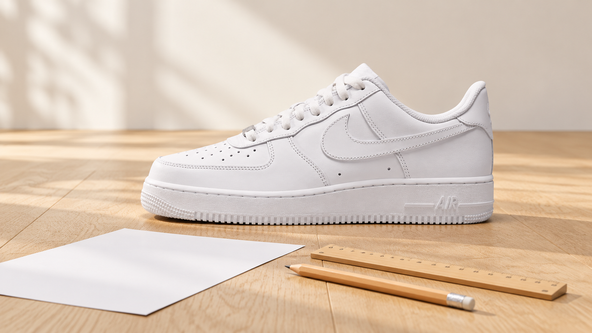 AI-genererad illustration av en vit Air Force 1 bredvid papper, linjal och penna inför val av skostorlek.
