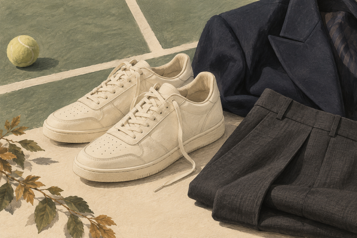 Illustration av ljusa sneakers tillsammans med mörka kostymbyxor och en marinblå kavaj.