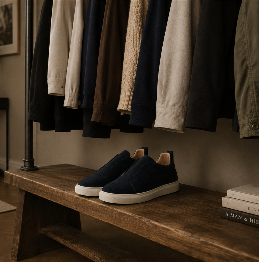Sneakers and clothing in a warm, minimal setting