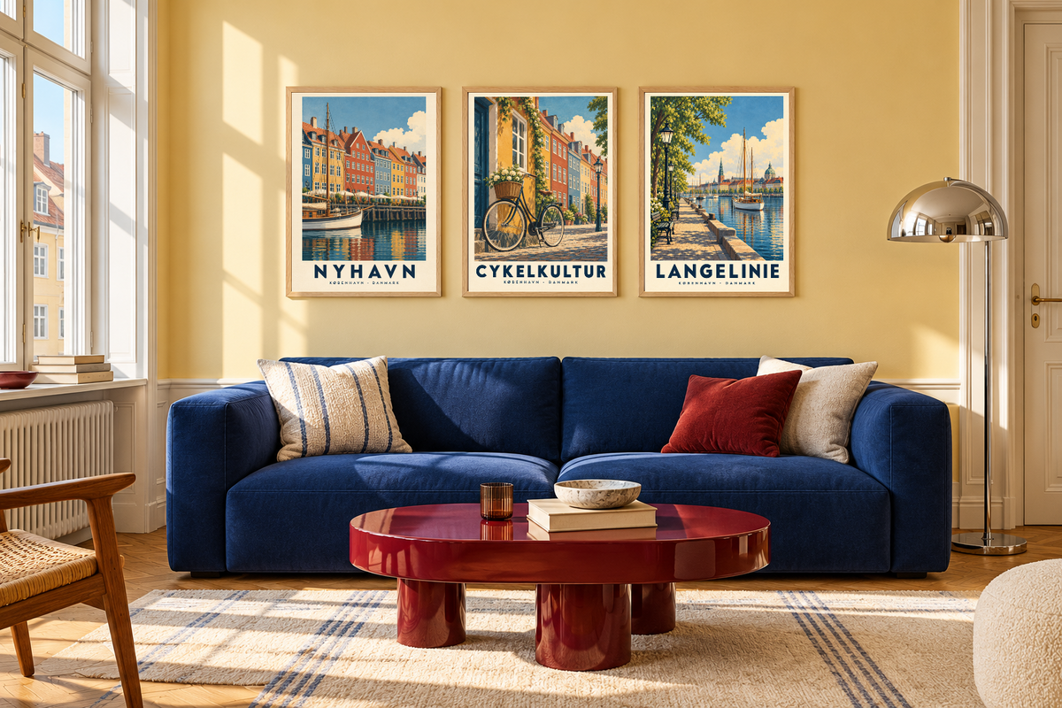 
Posters med Nyhavn, Cykelkultur og Langelinie over en blå sofa