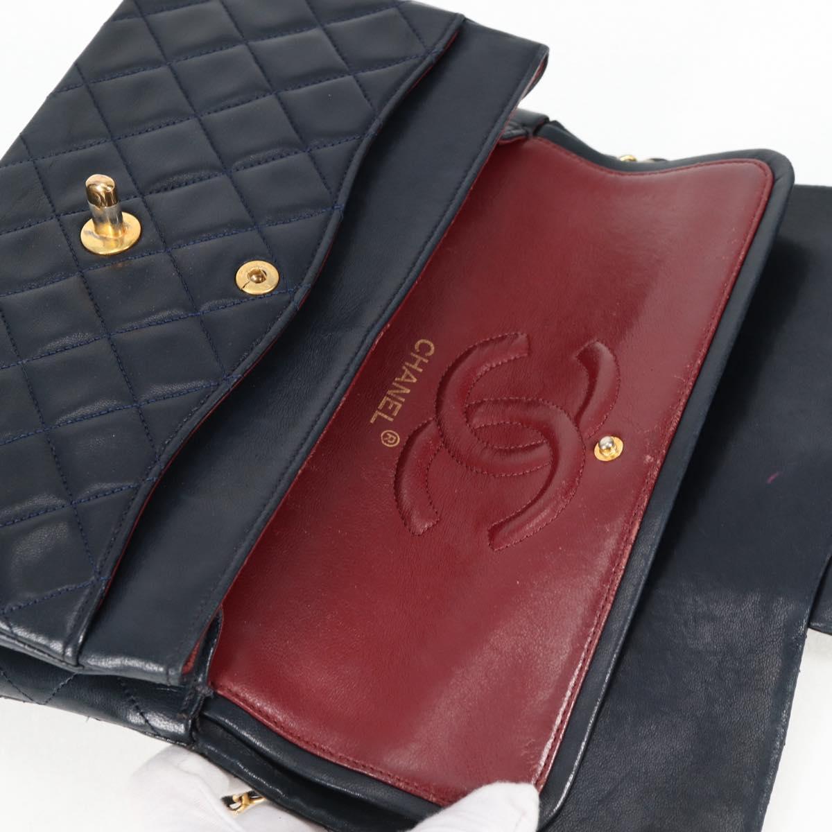 Matelasse 25 Double Flap Chain Bag Lamb Skin Navy Gold CC